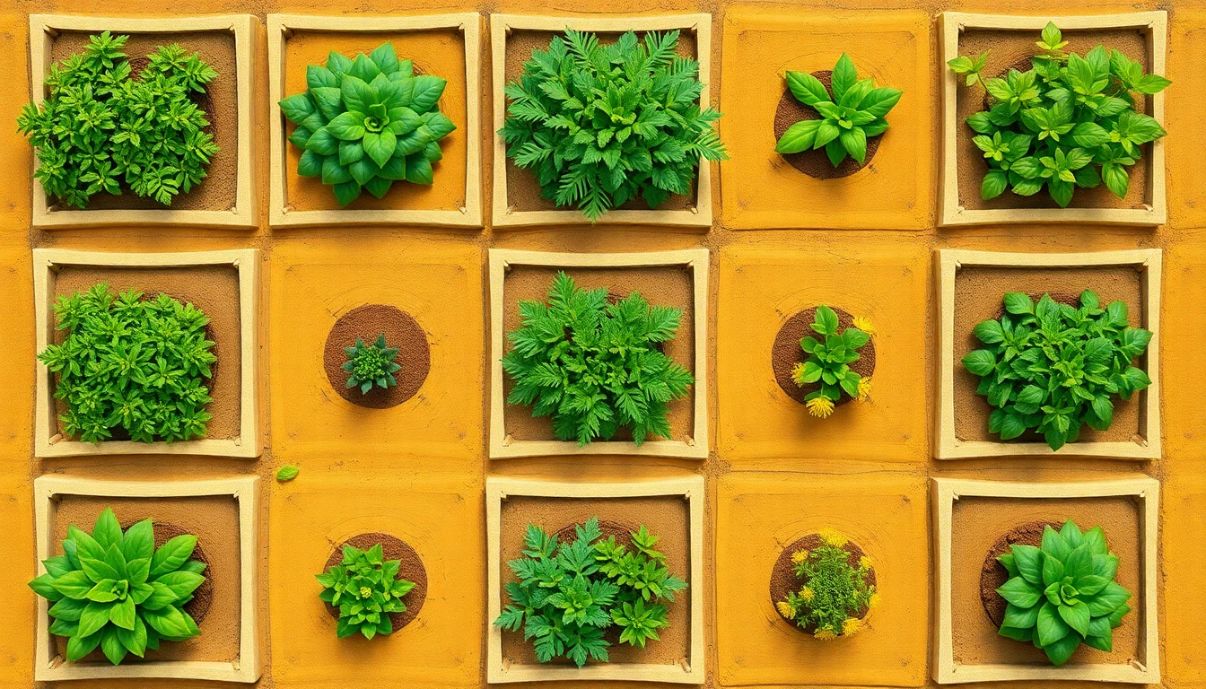 上空から見下ろした7区画の小さな農園と異なる作物が並ぶグリッド構成