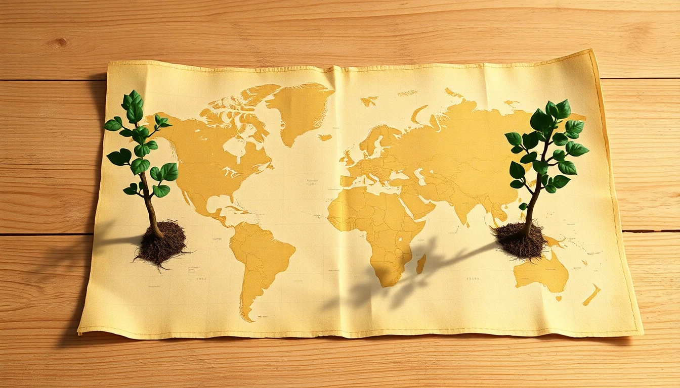 古い羊皮紙風の地図の上に二本の細い苗木が左右に並び、それぞれが異なる方角を示す道標となっている様子