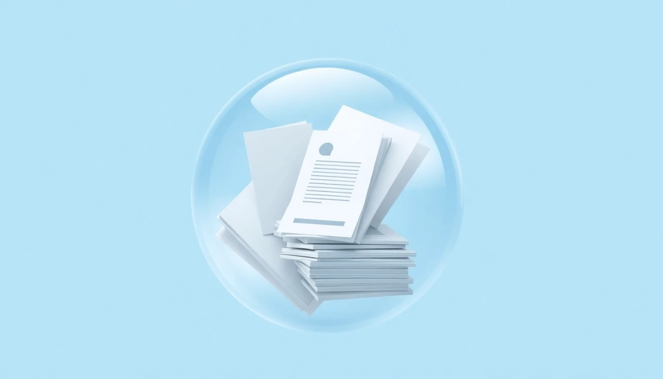 透明な球体の中に文書やデータが整然と配置され、検索機能を表現している幾何学的な構図