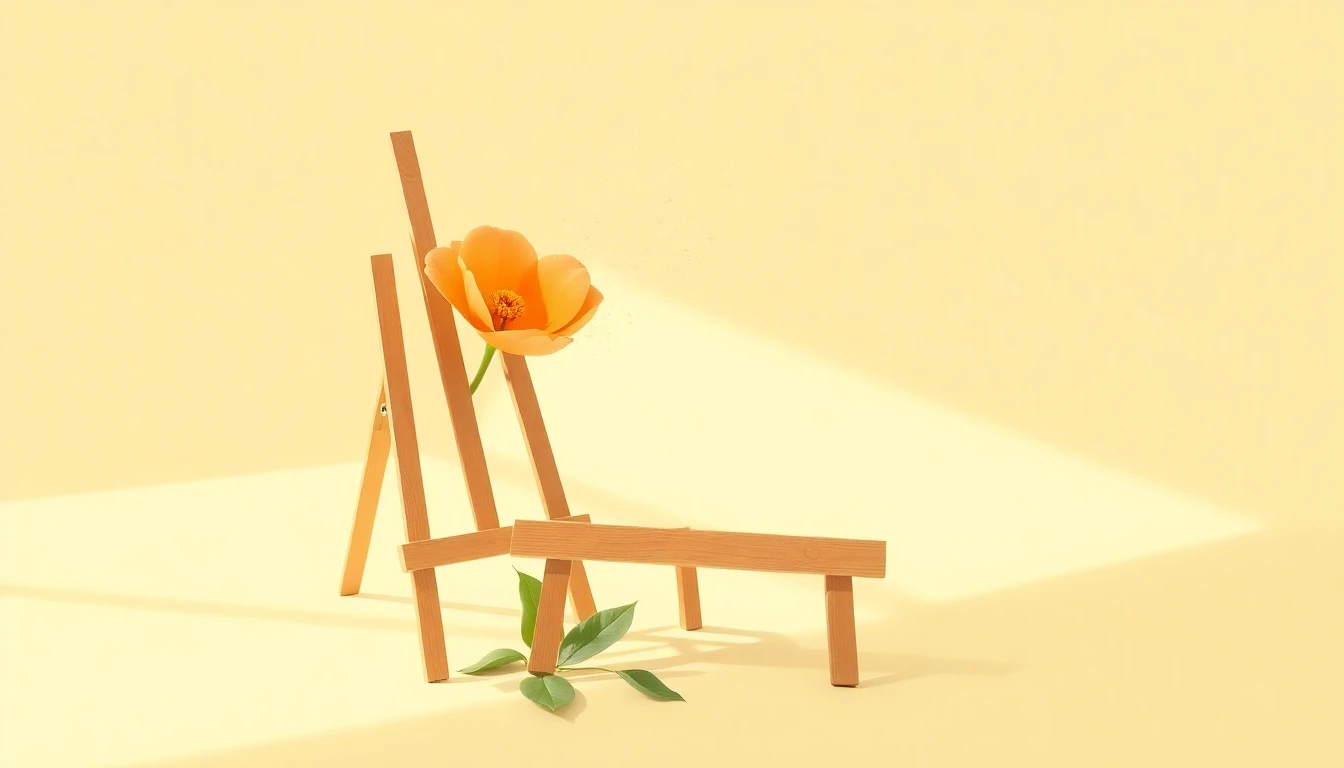 暖かいクリーム色の部屋に置かれた木製のイーゼル状フレームから一輪の鮮やかなオレンジの花が咲き出し光の粒子が立ち上る斜め構図