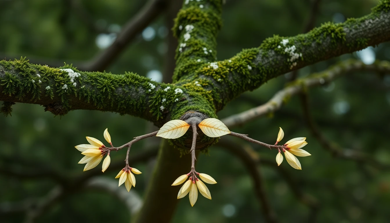 苔むした古木の枝が三方向に大きく分かれ、それぞれの枝先に異なる形の小さな葉が芽吹いている自然な分岐