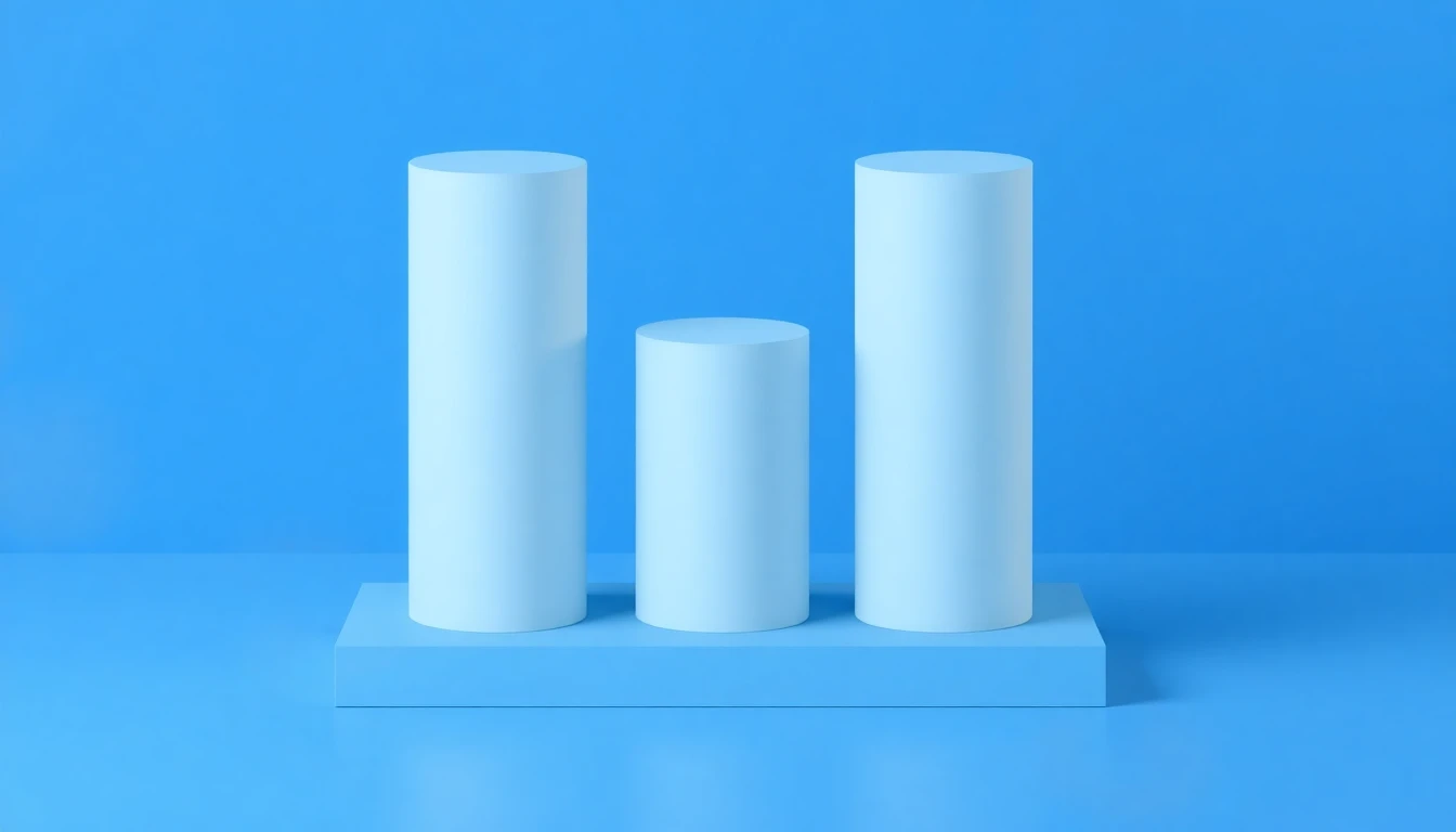 3つの異なる高さの円柱が段階的に配置され、プランの比較を表現している構図