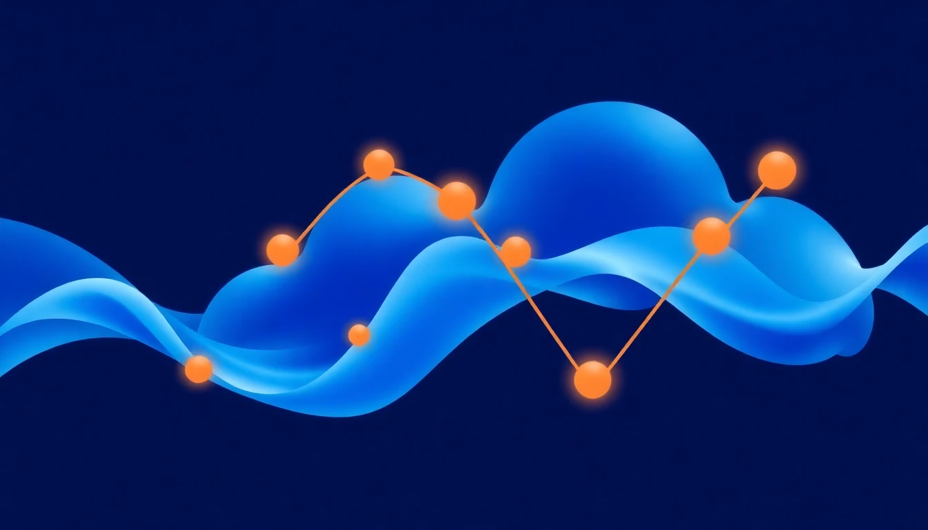 コスト最適化を表現する青いグラフ状の幾何学的形状とオレンジの効率化ポイント
