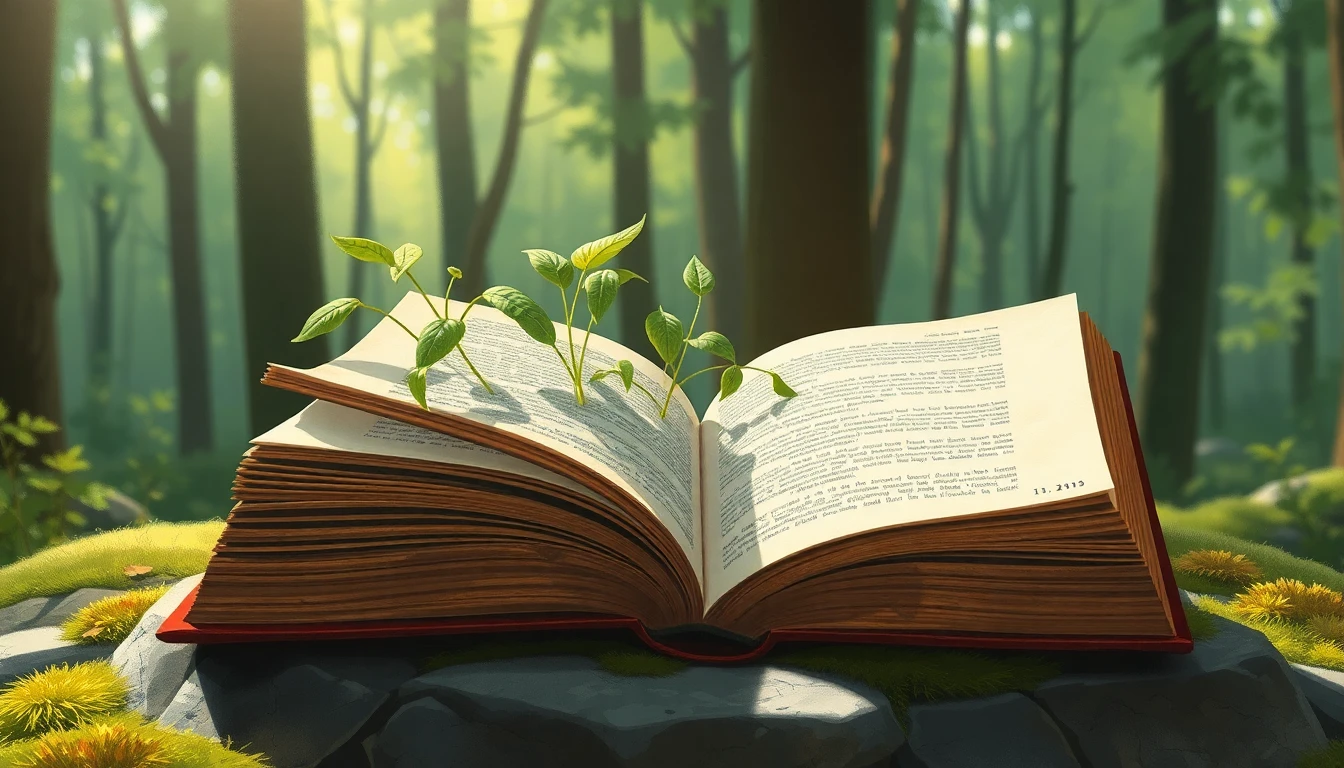 深い森の中で開かれた古い書物のページから若葉が芽吹き、奥へと続く小道を照らしている情景