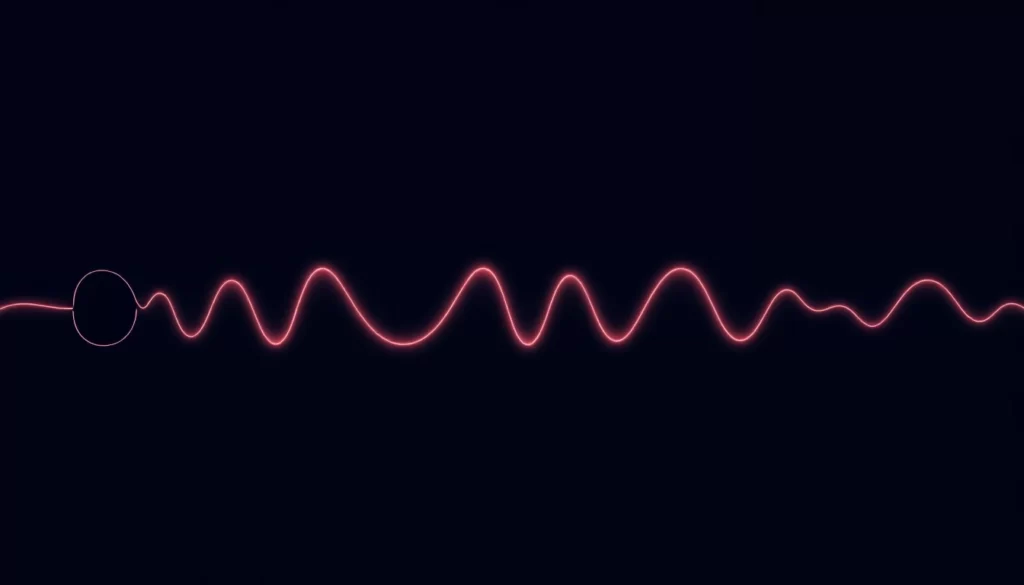 ミッドナイトインディゴの空間中央で一筋の発光する音波の連続パルスが入口と出口を結び、双方向にストリーミングする一本の対話接続を象徴する横長の構図